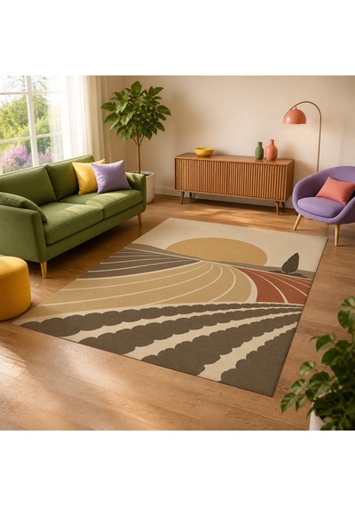 Kartela Halı Güneş Tarlası Manzaralı Modern Halı Bej Kaymaz Taban Makinede Yıkanabilir 120x180 Cm