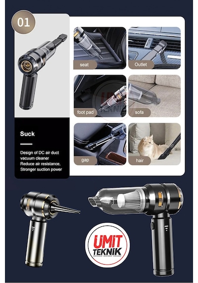 Premium Xl 16.000 Pa Emiş Güçlü Kablosuz Mini Araç Süpürgesi - Vakumlu Ve Üflemeli Set