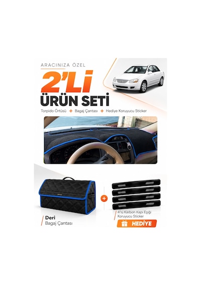 Kia Cerato 2004-2008 Uyumlu Torpido Örtüsü + Deri Bagaj Çantası + Sticker Seti - Siyah Mavi