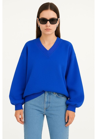 Benroma Ünisex V Yaka Sweatshirt Saks Mavisi