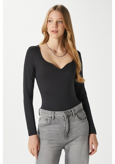 Ritnice Kadın Rich Kalp Yaka Polyamid Siyah Çıtçıtlı Body / Bluz Siyah