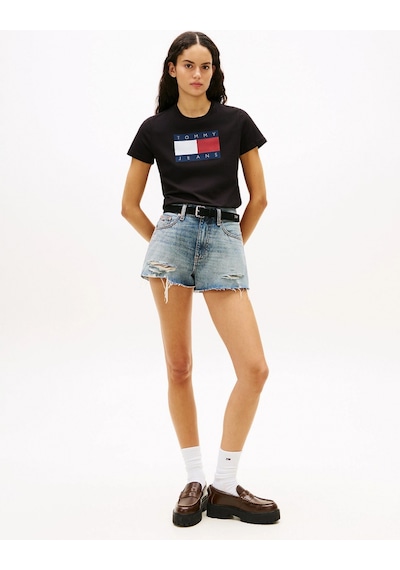Tommy Hilfiger Tjw Normal Kesim Tj Bayraklı Kısa Kollu Kadın Siyah T-shirt Dw0dw22562bds Siyah