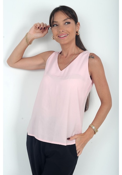 By Saygı Kadın V Yaka Pervazlı İtalyan Cotton Lyocell Bluz Pembe By Saygı Kadın V Yaka Pervazlı İtalyan Cotton Lyocell Bluz Pembe