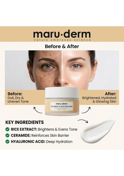 Maruderm Pirinç Özlü Aydınlatıcı & Nemlendirici Krem Seramid & Hyaluronik Asit İle Pürüzsüz Ve Parlak Görünüm İçin Yüz Kremi, 50 Ml