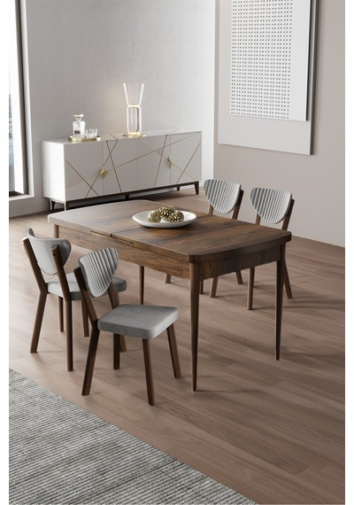 Canisa Exve Serisi 80x132 Açılabilir Barok Ahşap Desen Masa Takımı Ve 4 Gri Sandalye Masa Siyah Mermer Desen Sandalyeler Gri