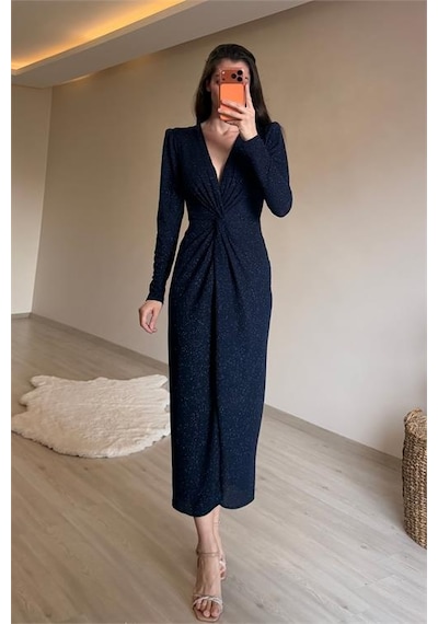Neşeli Butik Kadın Mavi Bel Büzgü Detaylı Yırtmaçlı Midi Boy Abiye Elbise Nm027 Mavi