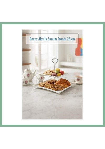 Bşkvirgo 2 Katlı Beyaz Akrilik Meyvelik & Kurabiyelik & Sunum Standı - 26 Cm Bsk2026