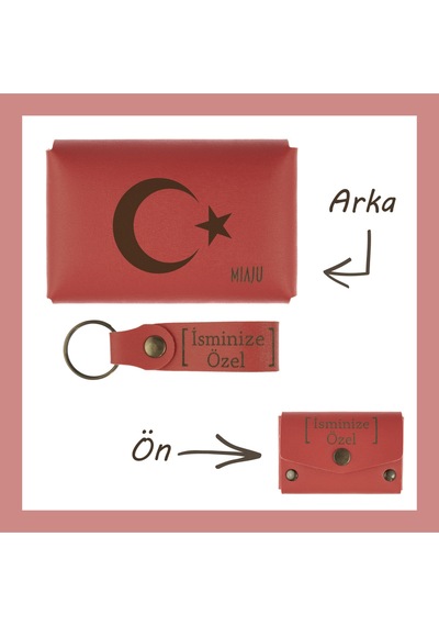Miaju Nar Çiçeği, Ayyıldız Desenli, İsmine Özel Cüzdan Ve Anahtarlık Seti, Kişisel Hediyelik Alternatifi Nar Çiçeği