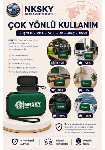 Nksky 36 Parça İlk Yardım Çantası, Yeşil Eva Çantalı İlk Yardım Seti, Bileğe Takılabilir Taşıma İpli Ecza Çantası