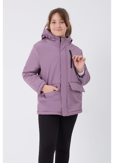 Kız Çocuk Kürklü Su Ve Rüzgar Geçirmez Kapüşonlu 3 Cep Kışlık Mont & Kaban & Parka-69 Lila
