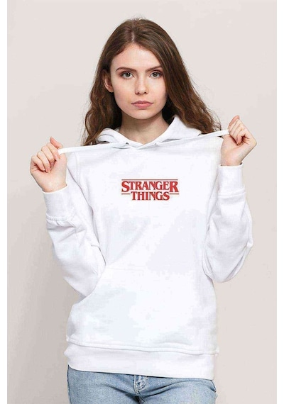 Stranger Things Logo Baskılı Beyaz Kadın Kapşonlu Sweatshirt