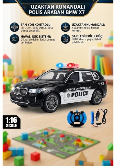 1:16 Ölçekli Şarjlı Bmw X7 2.4 Ghz Full Fonksiyon Uzaktan Kumandalı Işıklı Polis Aracı Siyah
