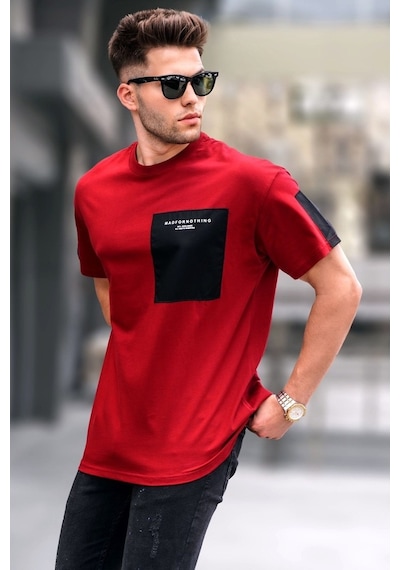 Madmext Bordo Cep Detaylı Basic Erkek Tişört-Bordo