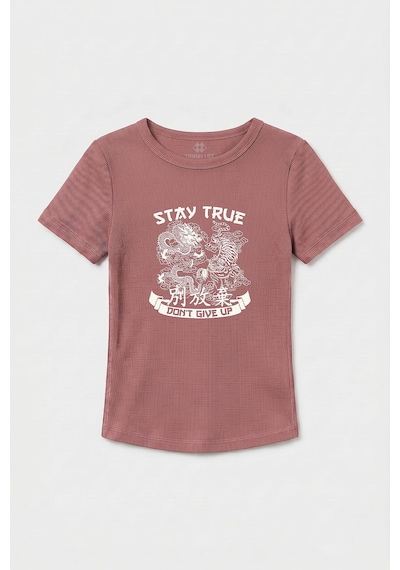 TOMMYLIFE Gül Kurusu Standart Fit Baskılı Kısa Kollu Kadın T-shirt - 97201 Gülkurusu