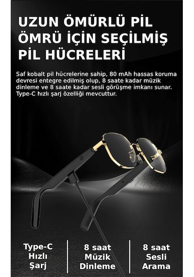 Yh Hy 0532 Gold Çerçeveli Siyah Akıllı Güneş Gözlüğü Polarize Çift Hoparlör Tws Gözlük Müzik Çağrı