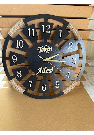 Özel İsimli Ahşap Dekoratif Halatlı Duvar Saati Siyah