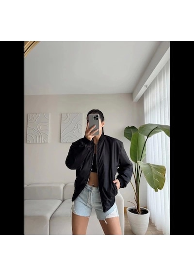 Yake Store Unisex İçi Astarlı Düz Bomber Ceket - Siyah - Siyah