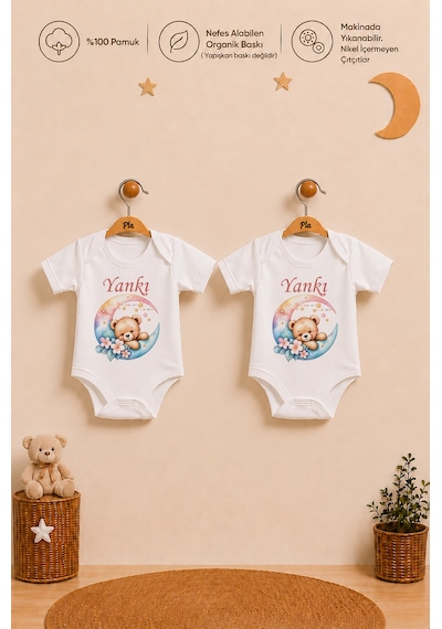 Pia Baby Kişiye Özel Kız Bebek 2'li Body Zıbın %100 Pamuk Organik Baskılı Çıtçıtlı İsimli Bebek Seti 1110b22x Ekru