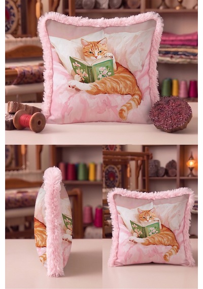Kedi Romantik Masalsı Saçaklı Yastık Kılıfı-sevimli Pet Bohem Turuncu Pembe Püsküllü Kırlent Kılıfı Bordo