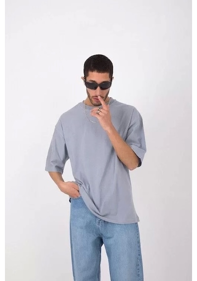 Unisex Basic Bisiklet Yaka Oversize T-shirt - Gri