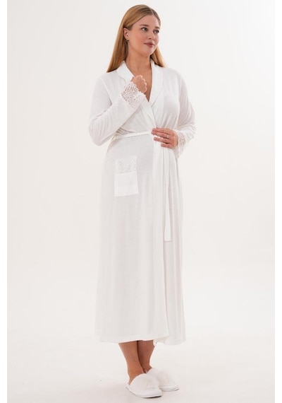 Mecit Pijama Mecit 6306 Ekru Kadın Uzun Kollu Uzun Sabahlık Ekru