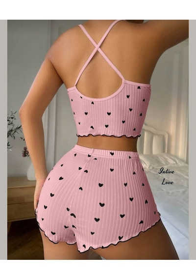 Intive Comfort Kalp Desenli V Yaka İnce Askılı Mini Şortlu Büstiy Pembe