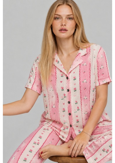 Kadın Kısa Kol Comfort Pembe Pijama Takımı 4738
