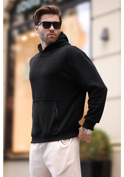 Madmext Siyah Kapüşonlu Cep Detaylı Dokulu Sweatshirt E7101 Siyah