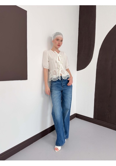 Verymoda Önden Bağlamalı Brode Bluz D2800 Krem