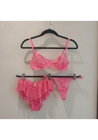Bonbon Kadın Tül Transparan Balenli Sütyen, Checky Ve String Külotlu 3 Lü Paket Bb2622 Nar Çiçeği