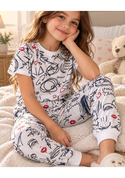Luess Çocuk Baskılı %100 Pamuk Suprem Pijama Takımı-Beyaz
