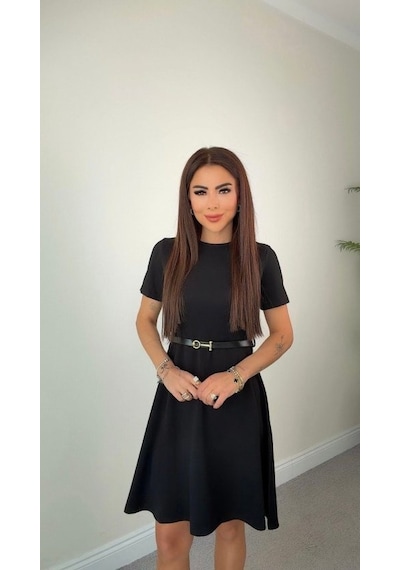 Buğrahayalin Kadın Kısa Kollu Belden Kemerli Modal Elbise Siyah