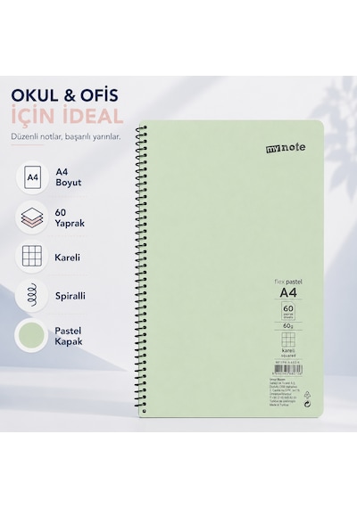 Mynote Flex Pastel A4 60 Yaprak 60 Gr Spiralli Kareli Defter Açık Yeşil