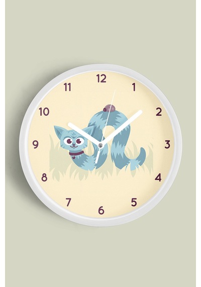 Sevimli Solucan Kedi Modern Çocuk Odası Duvar Saati - 30cm - Önü Camlı Beyaz Kasa - Sessiz Mekanizma Beyaz