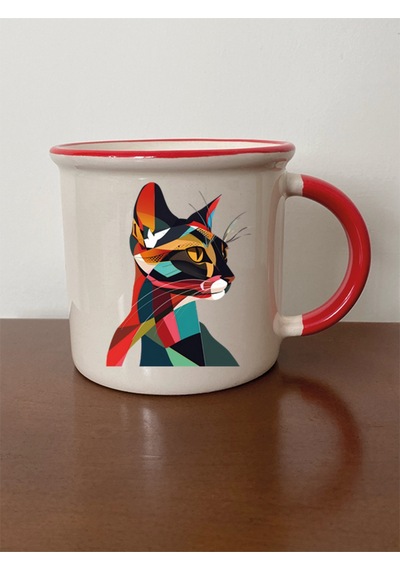 Modern Kedi Temalı Kırmızı Ağızlı Kupa Bardak - Seramik Çay, Kahve Hediyelik Bardağı Beyaz