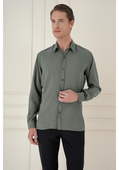 Efor Slim Fit %100 Modal Uzun Kol Klasik Haki Gömlek Gk 743 Haki