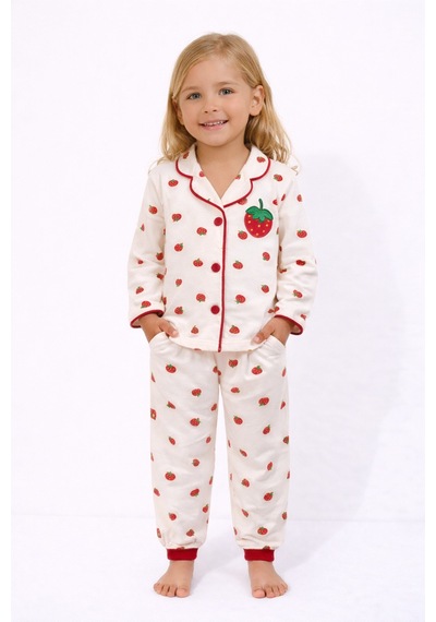 Poli Foni Çilek Desenli Yakalı Önü Düğmeli Kız Çocuk Pijama Takımı Beyaz