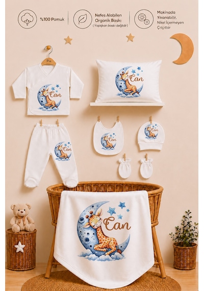Pia Baby Erkek Bebek 7 Parça Hastane Çıkışı Seti %100 Pamuk Kişiye Özel İsimli Zıbın Set 1038zybyx Ekru