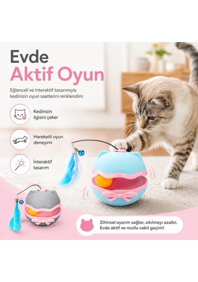 Etkileşimli Kedi Oyuncağı - Devrilmez Tumbler Top, Kendi Etrafında Dönen Gövde Ve Dönen Tüylü Çubuklu Zilli Kedi Oyuncağı, Evde Oyun Ve Aktivite İçin Mavi