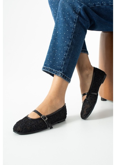 Dabab Shoes Lorena Kadın Siyah Çiçek Nakışlı Tül Mary Jane Babet