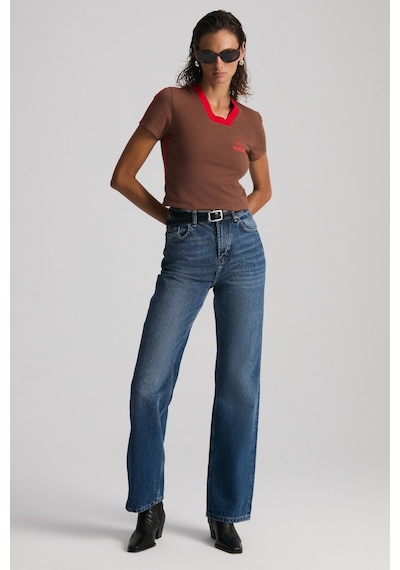 ETHIQUET ARIANWEN Kadın %100 Pamuk Dekoratif triko Yakalı Nakışlı Crop Kısa Kollu Kahverengi T-Shirt