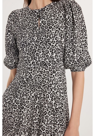 Tudors Kadın Regular Fit Klasik Kesim Balon Kol Leopar Desenli Elbise-33594 Multi