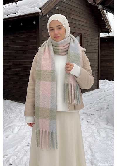 Remsa Püsküllü Ekose Desenli Yumuşak Dokulu Atkı Şal 45x210cm 1335 Pudra