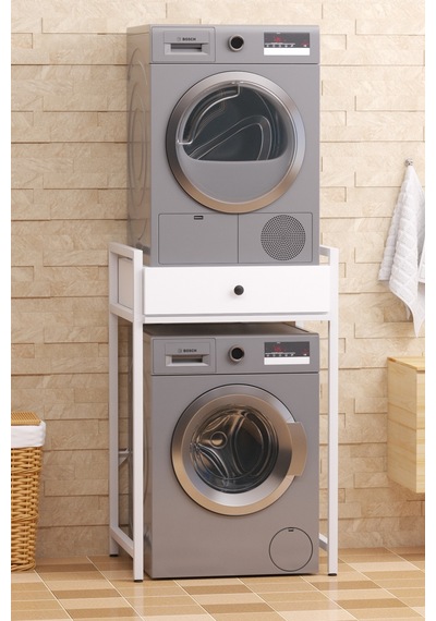 Çamaşır Sepeti Çekmeceli Çamaşır Makinası Ve Kurutma Makinası Rafı Makina Üstü Banyo Düzenleyici Raf Ekru
