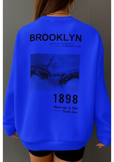 Benroma 3 İplik Penye Brooklyn Baskılı Unisex Sweatshırt Saks Mavisi