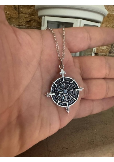 Viking Pusulası Antik Görünümlü Unisex Kolye 60 Cm Zincirli, Vegvísir Sembolüyle Koruma Çok renkli