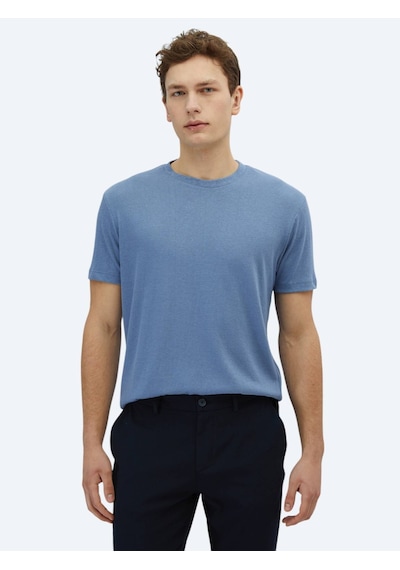 Kip Havacı Mavi Düz Bisiklet Yaka Pamuk Karışımlı T-shirt Havacı Mavi