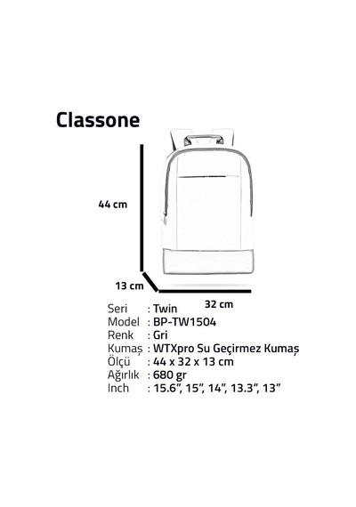 Classone Bp-Tw1504 Twincolor 15.6" N.Çantası-Gri