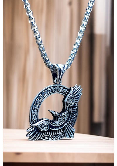 Gümüş Kaplama Krom-çelik Erkek Kolye Madalyon İskandinav Odin Viking Kuzgun Gümüş
