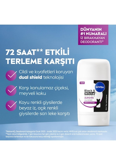 Kadın Stick Deodorant Black&white Invsible Authentic 50 Ml,terleme Karşıtı,meyve,çiçek Kokusu,kumaş Koruması,alkolsüz